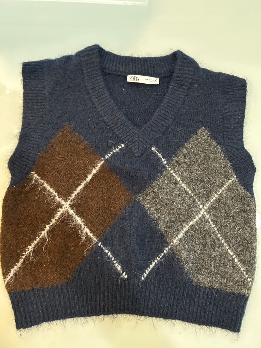 Zara Navy Argyle V-Neck Sweater Vest with Brown and Gray Diamonds part wool
